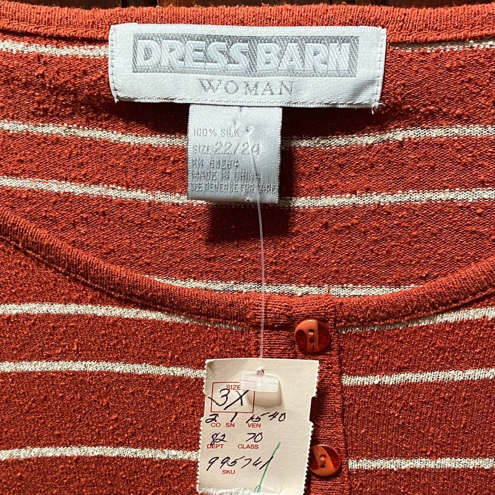 Dress Barn Woman vintage Rust Striped faux Button-Down plus size 3X silk Top - Picture 2 of 10